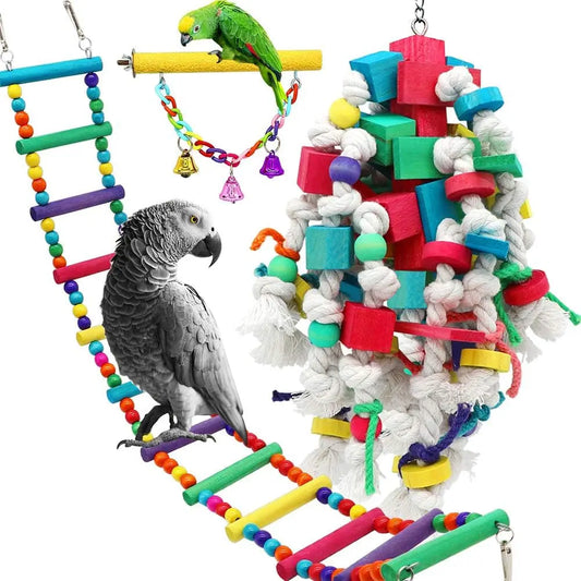 Large Bird Swing Toys, 3 PCS Parrot Toys with Bells for Small Macaws, Cockatoos, Alexandrine Parakeet, African Grey Parrot and Medium Amazon Parrots