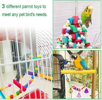 Large Bird Swing Toys, 3 PCS Parrot Toys with Bells for Small Macaws, Cockatoos, Alexandrine Parakeet, African Grey Parrot and Medium Amazon Parrots