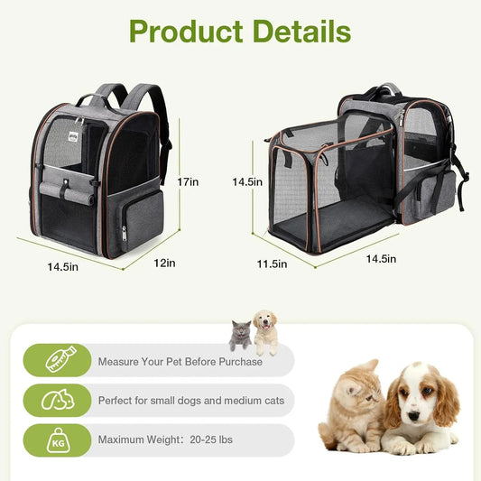 Large Cat Backpack Carrier Expandable Pet Carrier Backpack for Small Dogs Medium Cats Fit up to 18 Lbs, Dog Backpack Carrier, Foldable Puppy Backpack Carrier for Travel, Hiking,Grey