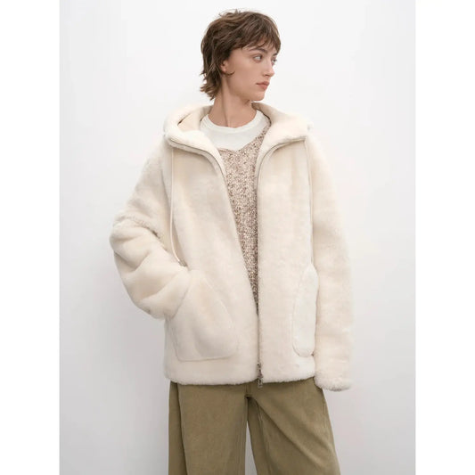 "Otaru Snow" Casual Hooded Silhouette Dropped Shoulder Merino Wool Sheepskin Fur Coat for Women