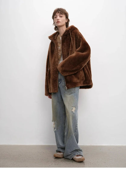 "Otaru Snow" Casual Hooded Silhouette Dropped Shoulder Merino Wool Sheepskin Fur Coat for Women