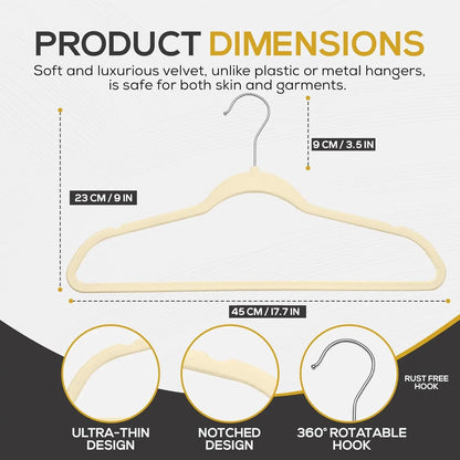 Premium Quality Velvet Hanger Set of 50 - Ultra -Thin No Slip Velvet Suit Hangers - Swivel Hooks, STRONGER than Standard Velvet Hangers - Space Saving Clothes Hangers - Ivory