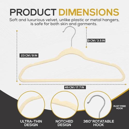 Premium Quality Velvet Hanger Set of 50 - Ultra -Thin No Slip Velvet Suit Hangers - Swivel Hooks, STRONGER than Standard Velvet Hangers - Space Saving Clothes Hangers - Ivory
