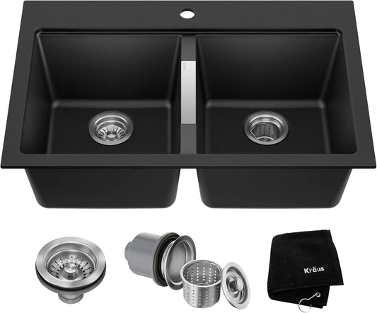 Quarza 33-Inch Drop-In/Undermount 50/50 Double Bowl Granite Kitchen Sink in Black Onyx, KGD-433B