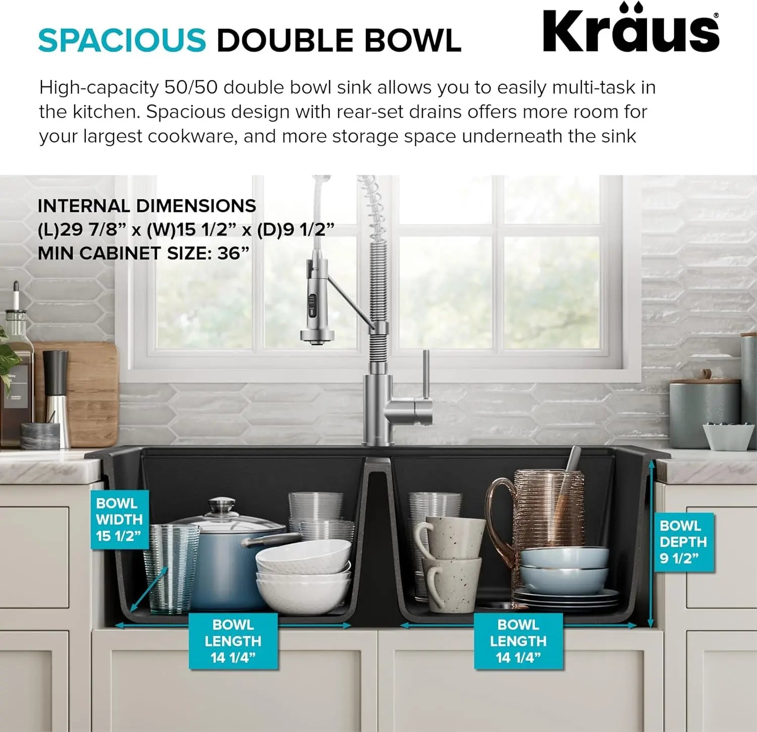 Quarza 33-Inch Drop-In/Undermount 50/50 Double Bowl Granite Kitchen Sink in Black Onyx, KGD-433B