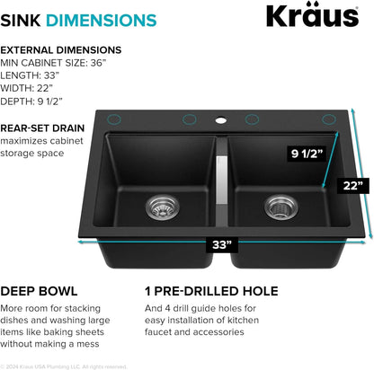 Quarza 33-Inch Drop-In/Undermount 50/50 Double Bowl Granite Kitchen Sink in Black Onyx, KGD-433B