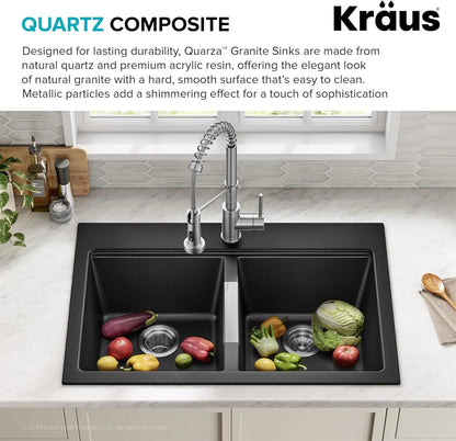 Quarza 33-Inch Drop-In/Undermount 50/50 Double Bowl Granite Kitchen Sink in Black Onyx, KGD-433B