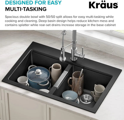 Quarza 33-Inch Drop-In/Undermount 50/50 Double Bowl Granite Kitchen Sink in Black Onyx, KGD-433B