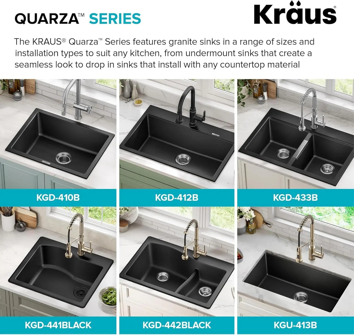 Quarza 33-Inch Drop-In/Undermount 50/50 Double Bowl Granite Kitchen Sink in Black Onyx, KGD-433B