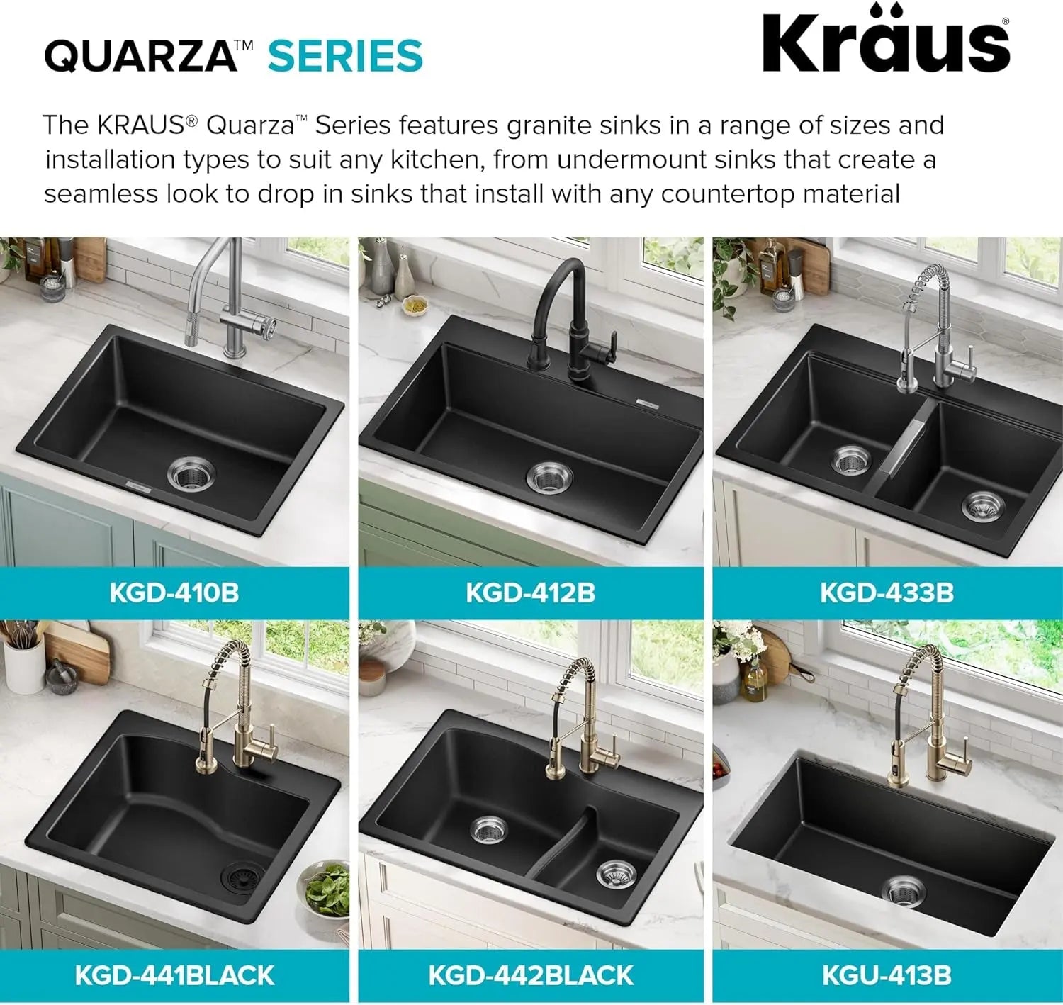 Quarza 33-Inch Drop-In/Undermount 50/50 Double Bowl Granite Kitchen Sink in Black Onyx, KGD-433B