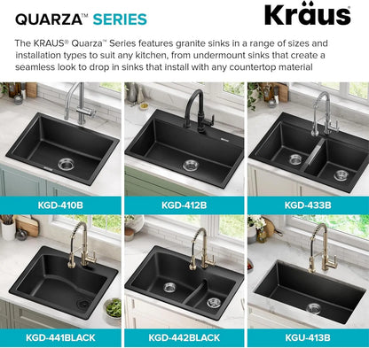 Quarza 33-Inch Drop-In/Undermount 50/50 Double Bowl Granite Kitchen Sink in Black Onyx, KGD-433B
