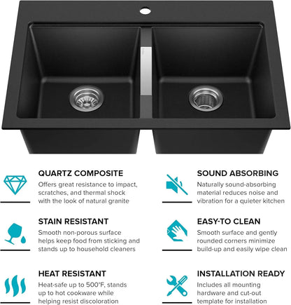 Quarza 33-Inch Drop-In/Undermount 50/50 Double Bowl Granite Kitchen Sink in Black Onyx, KGD-433B