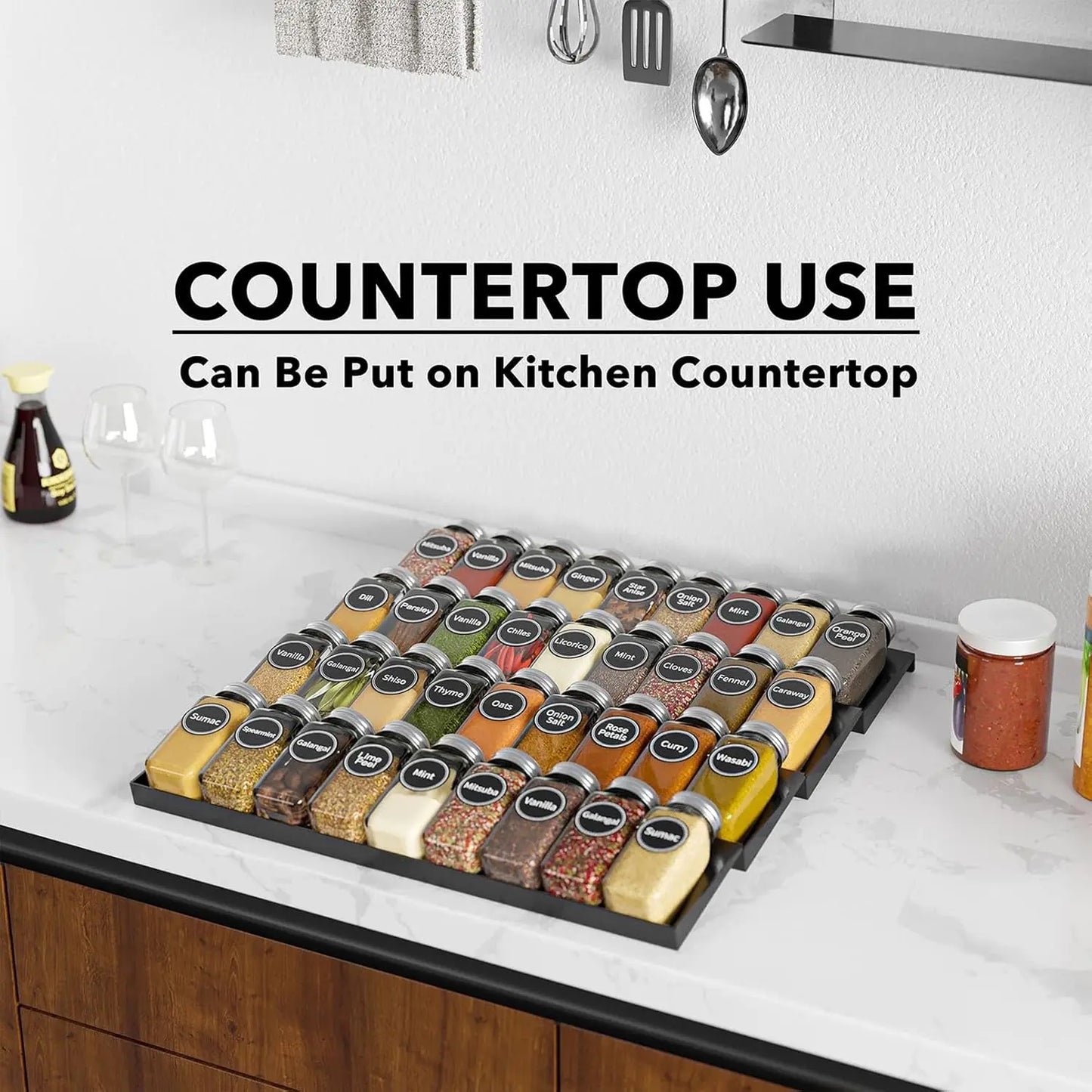 Spice Drawer Organizer with 36 Spice Jars, 386 Spice Labels, 4 Tier Seasoning Rack Tray Insert for Kitchen Drawers, 16.75" Wide X 17.5" Deep