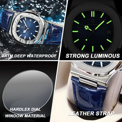 Top Luxury Man Watch Date Waterproof Luminous Leather Watches for Men High Quality Square Men'S Quartz Wristwatch Reloj