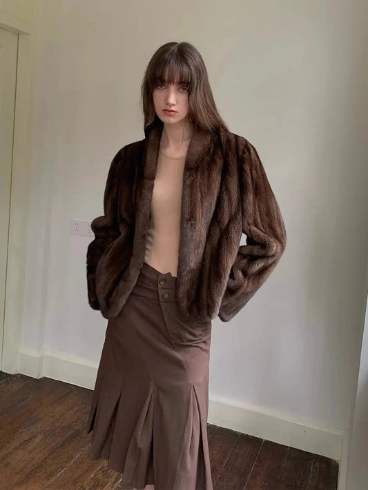 Warm Coffee Mink Retro Imported Stand Collar Short Mink Fur Coat