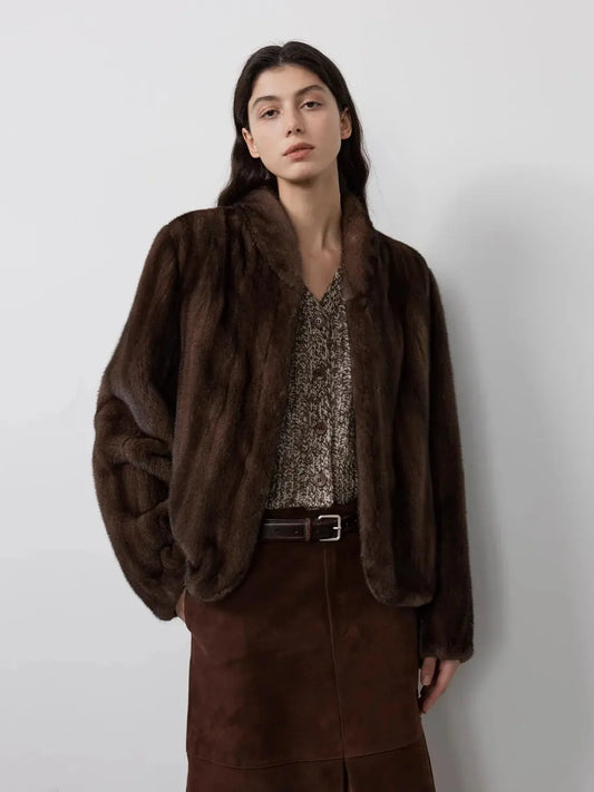 Warm Coffee Mink Retro Imported Stand Collar Short Mink Fur Coat