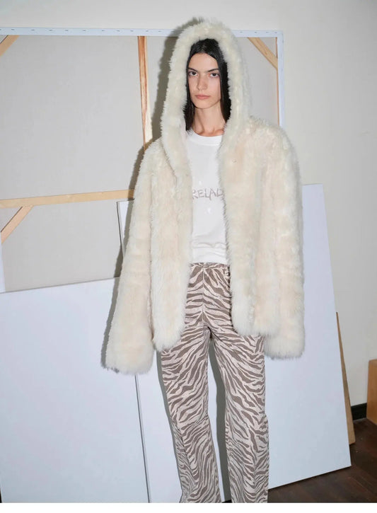 "Winter Snow" Lazy Silhouette Hooded Tuscan Curly Sheepskin Fur Coat Winter