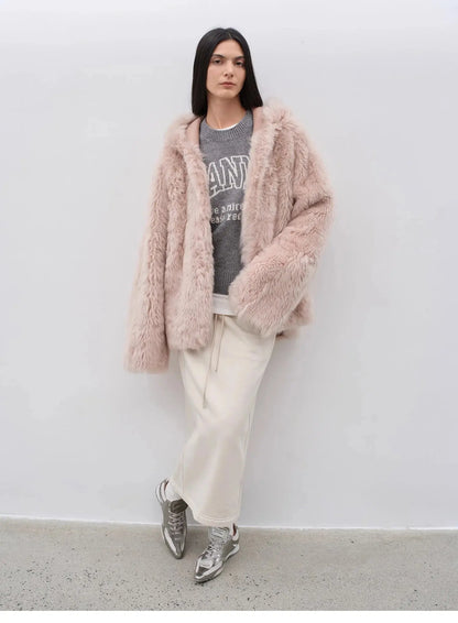 "Winter Snow" Lazy Silhouette Hooded Tuscan Curly Sheepskin Fur Coat Winter